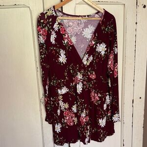 Maternity Top—Floral V-Neck Long Sleeve Top in Burgundy